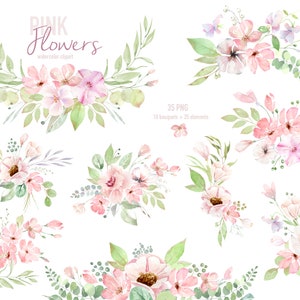 Watercolor pink floral bouquet clipart set with blossoms and green leaves