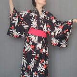Pomegranate Flower Print Kimono, Black Kimono with Floral Print, Long Epic Kimono, Natural Fabric Kimono