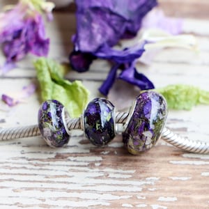 Pandora-style bead charm set with dark purple speckled glass finish