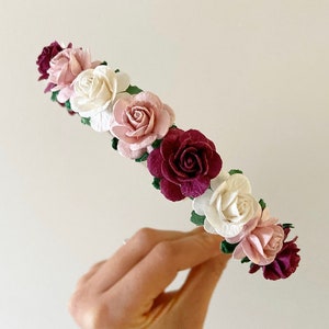 Floral headband with burgundy and ivory roses and faux greenery