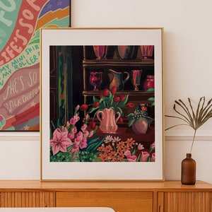 Framed floral poster print with pink flowers and teapot scene