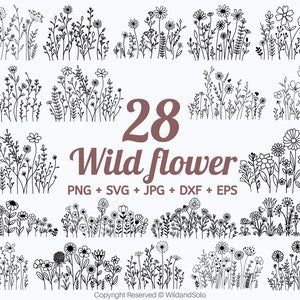 Wildflower SVG bundle with line-art wildflowers and '28 Wild Flower' text