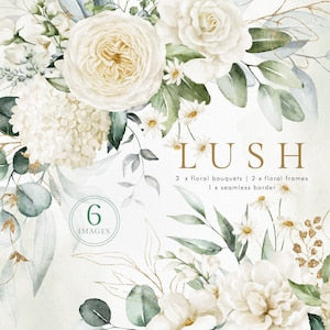 Floral wedding invitation card with eucalyptus leaves and white roses, gold accents, LUSH text