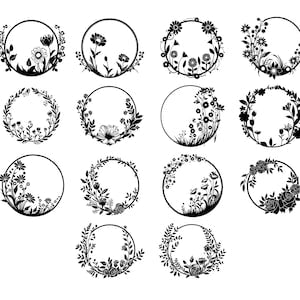 Floral circle SVG cut file set with 12 black botanical line-art designs