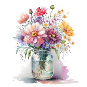 Watercolor flower vase clipart with pastel blossoms in a painted glass jar