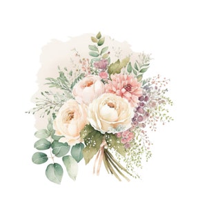 Watercolor wedding bouquet clipart with pink roses, greenery, and soft wildflowers