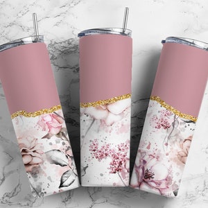 Pink straight skinny tumbler with floral agate glitter wrap and golden band