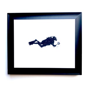 Framed scuba diver linocut print with small bouquet detail, dark blue on white