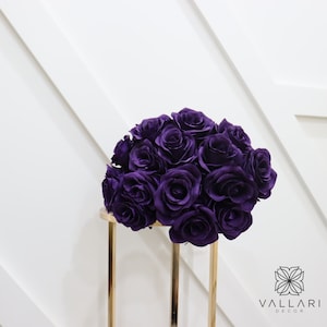 Artificial dark purple rose bouquet with clustered blooms on stems for home decor