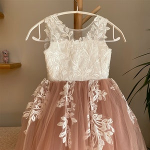 Off-white lace flower girl dress with floral appliques and dusty rose tulle skirt