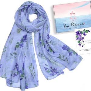 Light lavender sheer scarf with purple and blue flower print border