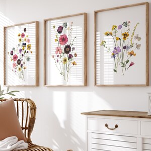 Set of 3 framed watercolor flower prints, wildflower and botanical floral illustrations