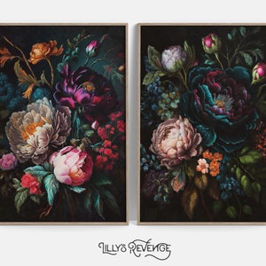 Set of 2 dark botanical peony wall art prints, framed, jewel-tone flowers