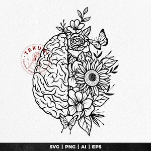 Floral brain SVG with detailed roses and sunflower illustration, instant download design