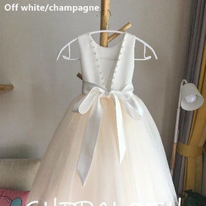 Tulle ivory off white champagne flower girl dress, V back top dress with pearls, Communion dress