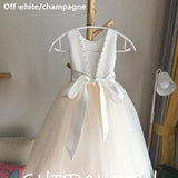 Tulle ivory off white champagne flower girl dress, V back top dress with pearls, Communion dress