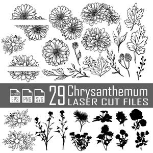 Chrysanthemum floral clipart set with bouquets, leaves, and petals, grayscale