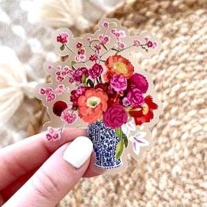 Clear bouquet sticker with blue and white vase, pink and yellow flowers