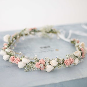 Blush and white flower crown with small blossoms and greenery, delicate headband