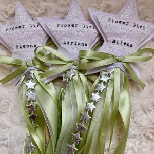 Flower girl wand bundle with sage green satin ribbons and silver star sparkle wands