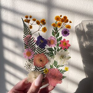 Multicolor floral dried-flower tassel bookmark with woven leaves and small blooms