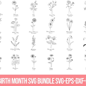 Birth month flower SVG bundle, hand-drawn wildflower line art clipart set