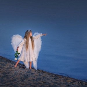 White angel wing costume with feathered wings and matching white dress for girls