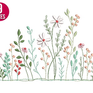 Wildflowers herb embroidery design with multicolor plants, flowers, and leafy border