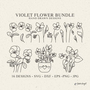 Violet flower bundle line art set with 16 hand-drawn designs for cutting and printing