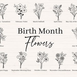 Birth month flowers line-art bundle with month-name florals and "Birth Month Flowers" text