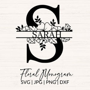 Black monogram letter S split by floral leaves and flowers, with “Floral Monogram” text