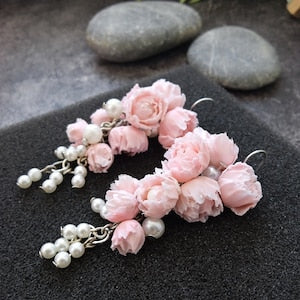 Light pink peony flower drop earrings with faux pearl bead clusters