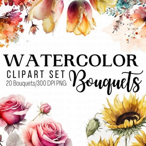 Watercolor flower bouquet clipart set with roses, sunflowers, and spring blooms