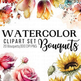 Watercolor Flowers Clipart, Floral Clip Art, Mini Floral Bouquet PNG, Flower Bouquet PNG, Spring Summer Wedding, Bridal Shower Graphics