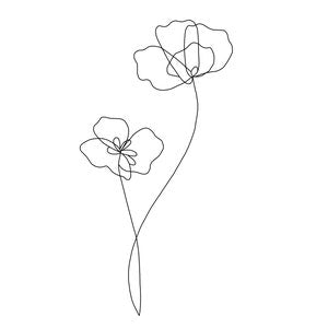 Minimalist floral line art print with two outline flowers and thin vine stems