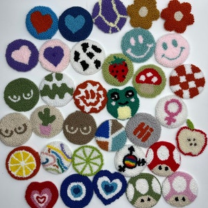Embroidered round punch needle coasters set, assorted heart, animal and fruit designs