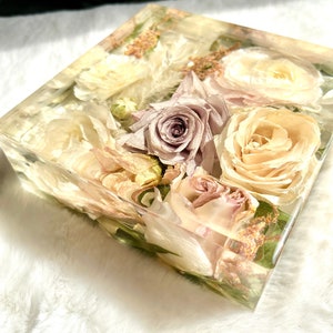 Resin floral keepsake block with pale roses, beige and pink preserved flowers