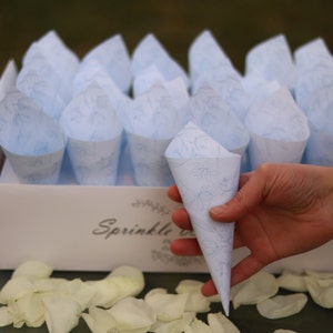 White wedding petal toss cone held by hand