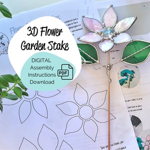 Stained glass style 3D flower garden stake template with assembly instructions