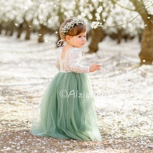 Flower girl lace dress with sage green tulle skirt and cap sleeves