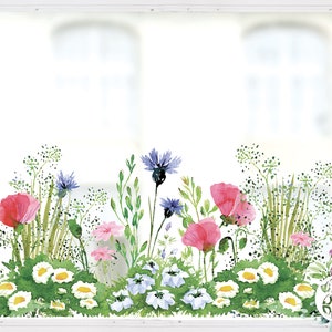 Spring meadow window decal with pink, blue, and white flowers on green grass