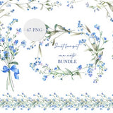 Blue forget-me-not floral clipart bundle with wreath borders and seamless pattern