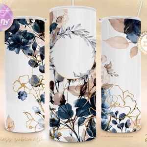 20 oz skinny tumbler with navy watercolor florals, gold accents, blank center circle