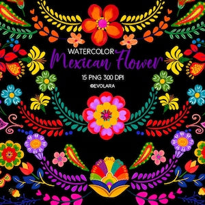 Mexican floral watercolor clipart with colorful flowers and ornamental foliage