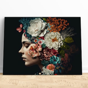 Floral woman canvas wall art, side-profile portrait with colorful flower crown