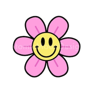 Pink retro smiley face flower graphic with five petals and yellow smiling center