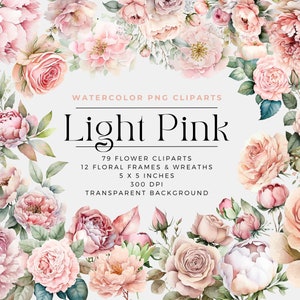 Light pink watercolor floral clipart: roses and peonies with green leaves, transparent PNG