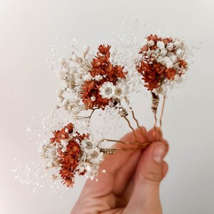 Terracotta dried flower hair pins, white and rust floral clusters on pins