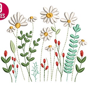 Wildflowers embroidery design, Daisy, plants, Machine embroidery file, Instant Download