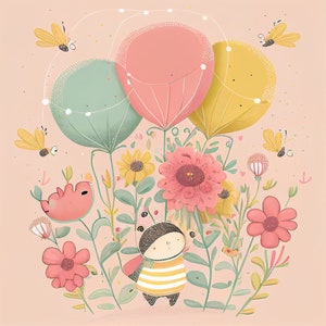 Nursery wall art poster with pastel balloons, bees, and flowers